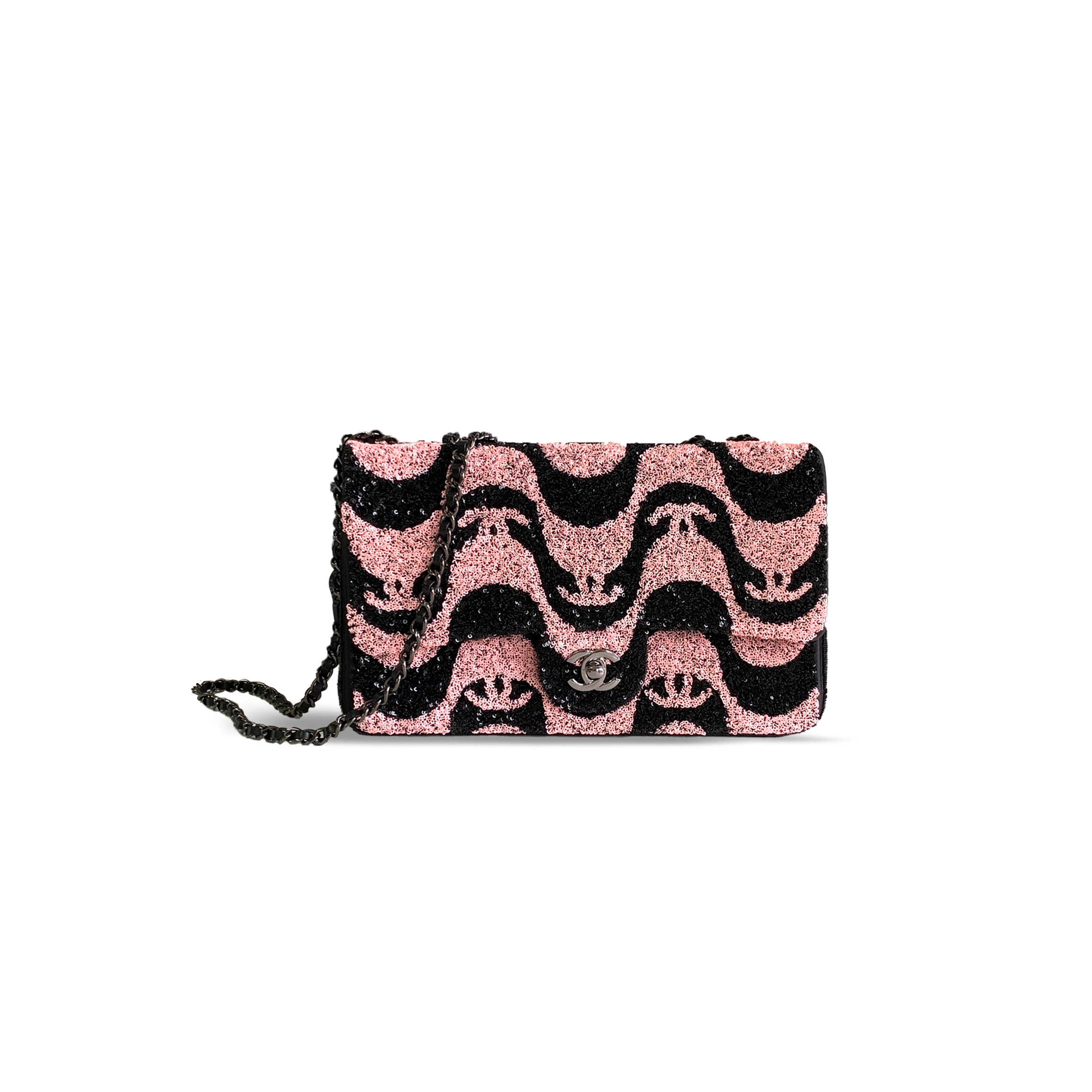 CHANEL SEQUINS PINK & BLACK FLAP BAG A01112 (25*15*6cm)